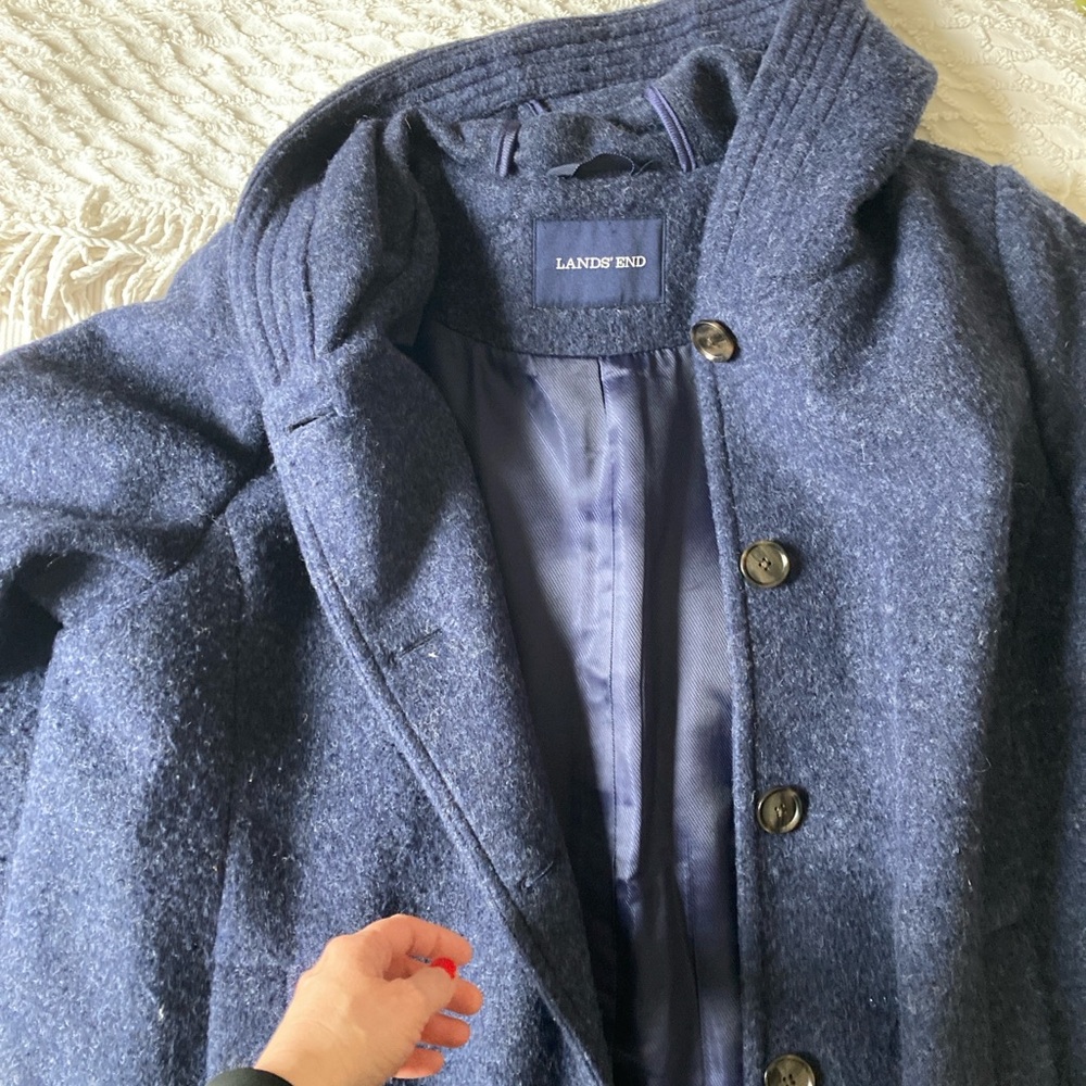 LANDS END Navy Hooded Wool Button Coat - Picture 4 of 9